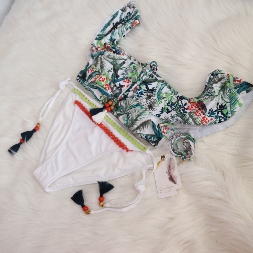 NWT Jessica Simpson White Green Tropical Print Bikini Swim Set Size XL - Picture 10 of 12